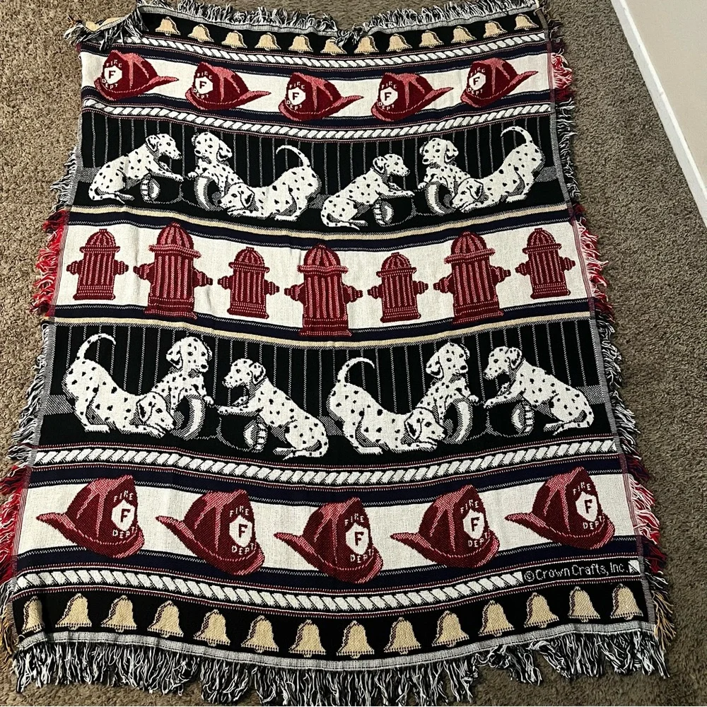 Vintage Crown Crafts Firefighter Fireman Dalmation Dogs Tapestry Blanket Throw